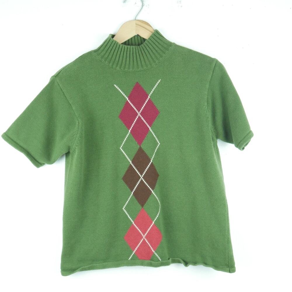 Vintage Medium Turtleneck Top 90s Green Argyle Preppy Academia Short Sleeve Twee